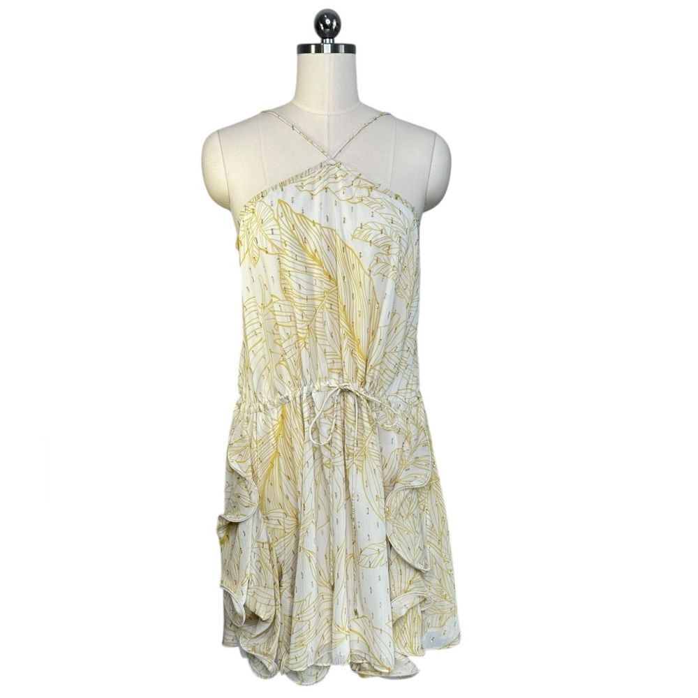 Alexis Yellow and White Metallic Hugo Halter Ruffle Mini Dress| Size M - Picture 4 of 13